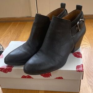 Franco Sarto Black Leather Pointed Ankle Booties with Buckle